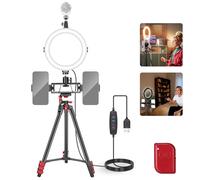 NEEWER BASICS 8" Selfie Ring Light with Tripod Stand/2 Phone Holders Compatible with iPhone/3 Cold Shoes/Remote, LED Ringlight Lighting for YouTube TikTok Vlog Video Recording Makeup Streaming, R08
