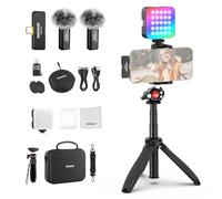 NEEWER PA048 Vlogging Kit for iPhone Android Podcast YouTube with RGB LED Light/KM23 Wireless Microphone System/Selfie Stick Phone Tripod/Cleaning Cloth, Content Creator Essentials