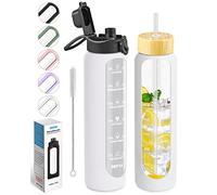 Nefeeko 32 oz Glass Water Bottles with Straw, Motivational Glass Water Bottle with Time Marker, 1 Liter BPA FREE Leakproof Reusable Glass Water Bottle with Silicone Sleeve, Bamboo Lid, Spout Lid