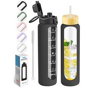 Nefeeko 32 oz Glass Water Bottles with Straw, Time Marker, Motivational 1 Liter BPA FREE Leakproof Reusable Glass Water Bottle with Silicone Sleeve, Bamboo, Spout Lid