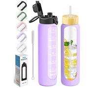 Nefeeko 34 oz Glass Water Bottles with Straw, Motivational Glass Water Bottle with Time Marker, 1 Liter BPA FREE Leakproof Reusable Glass Water Bottle with Silicone Sleeve, Bamboo Lid, Spout Lid