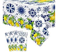 Nefelibata 3Pcs Capri Lemon Tablecloth Birthday Party Decorations Disposable Blue Tile Plastic Table Covers Lemon Decor for Baby Shower Summer Spring Italian Themed Party Supplies 42 x 88 Inches