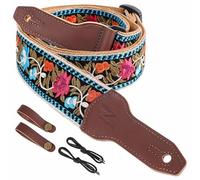 Nefelibata Banjo Strap, 2"Wide Full Grain Cowhide Guitar Strap Adjustable Replacement,Multi-pattern Guitar Strap With Headstock Rope and Leather Headband(Multi Flower Embroidery)