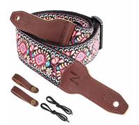Nefelibata Banjo Strap, 2"Wide Full Grain Cowhide Guitar Strap Adjustable Replacement,Multi-pattern Guitar Strap With Headstock Rope and Leather Headband(Pink Flower Embroidery)