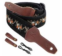Nefelibata Banjo Strap, 2"Wide Full Grain Cowhide Guitar Strap Adjustable Replacement,Multi-pattern Guitar Strap With Headstock Rope and Leather Headband(Small Flower Embroidery)