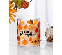 Nefelibata Fall Pumpkin Glass Mug 15 Oz Clear Cup With Handle, Large Espresso Iced Coffee Cup Hot Beverage Cappuccino Tea Drinking Glassware Autumn Decor for Coffee Bar Halloween Thanksgiving Gift