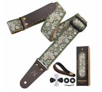 Nefelibata Guitar Strap 2" Embroidery Full Grain Leather Ends Guitar Straps with Hidden Pocket, for Bass, Electric and Acoustic Guitars, with Strap Button, Locks and Picks