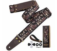 Nefelibata Guitar Strap 2" Embroidery Full Grain Leather Ends Guitar Straps with Hidden Pocket, for Bass, Electric and Acoustic Guitars, with Strap Button, Locks and Picks