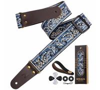 Nefelibata Guitar Strap 2" Embroidery Full Grain Leather Ends Guitar Straps with Hidden Pocket, for Bass, Electric and Acoustic Guitars, with Strap Button, Locks and Picks