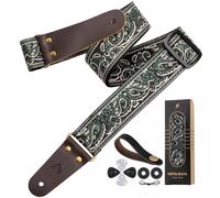 Nefelibata Guitar Strap 2" Embroidery Full Grain Leather Ends Guitar Straps with Hidden Pocket, for Bass, Electric and Acoustic Guitars, with Strap Button, Locks and Picks