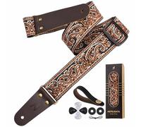 Nefelibata Guitar Strap 2" Embroidery Full Grain Leather Ends Guitar Straps with Hidden Pocket, for Bass, Electric and Acoustic Guitars, with Strap Button, Locks and Picks