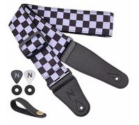 Nefelibata Guitar Strap-2" Wide Double Layer Cotton Original Design Adjustable Guitar Straps with Long Leather Ends for Bass, Electric & Acoustic, Best Gifts for Kids,Guitarists(Grey checkerboard)