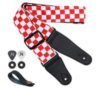 Nefelibata Guitar Strap-2" Wide Double Layer Cotton Original Design Adjustable Guitar Straps with Long Leather Ends for Bass, Electric & Acoustic, Best Gifts for Kids,Guitarists (Red Checkerboard)