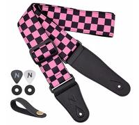 Nefelibata Guitar Strap-2" Wide Double Layer Cotton Original Design Adjustable Guitar Straps with Long Leather Ends for Bass, Electric & Acoustic, Best Gifts for Kids,Guitarists(Pink Checkerboard)