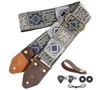Nefelibata Guitar Strap,Crazy Horse Leather Jacquard Embroidery Cotton Guitar Straps for Bass, Electric & Acoustic, Best Gifts for Guitarists(Bohemian Dark Blue Chequered)
