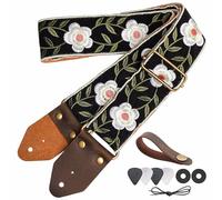 Nefelibata Guitar Strap,Crazy Horse Leather Jacquard Embroidery Cotton Guitar Straps for Bass, Electric & Acoustic, Best Gifts for Guitarists(Retro White Petals)