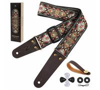 Nefelibata Guitar Strap Embroidered 2 Inch with Full Grain Leather Ends - Guitar Strap with Hidden Pouch - for Basses, Electric and Acoustic Guitars with Button