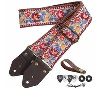 Nefelibata Guitar Strap,Jacquard Embroidery Cotton Guitar Straps with Crazy Horse Leather Ends for Bass, Electric & Acoustic, Best Gifts for Guitarists(Elegant Red Flower Embroidery)
