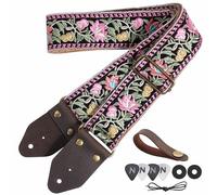 Nefelibata Guitar Strap,Jacquard Embroidery Cotton Guitar Straps with Crazy Horse Leather Ends for Bass, Electric & Acoustic, Best Gifts for Guitarists(Elegant Pink Flower Embroidery)
