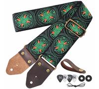 Nefelibata Guitar Strap,Jacquard Embroidery Cotton Guitar Straps with Crazy Horse Leather Ends for Bass, Electric & Acoustic, Best Gifts for Kids, Guitarists(Green Sun Embroidery)