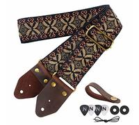 Nefelibata Guitar Strap,Jacquard Embroidery Cotton Guitar Straps with Crazy Horse Leather Leather Ends for Bass, Electric & Acoustic, Best Gifts for Kids, Guitarists(Golden Embroidery)