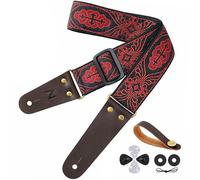 Nefelibata Guitar Strap, Red Cross Embroidery Guitar Straps with Head Cowhide Leather Ends for Bass, Electric & Acoustic Guitars, Free Strap Button, 1 Pair Strap Locks and 4 Guitar Picks