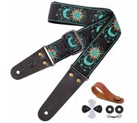 Nefelibata Guitar Strap, Sun & Moon Embroidery Guitar Straps with Head Cowhide Leather Ends for Bass, Electric & Acoustic Guitars, Free Strap Button, 1 Pair Strap Locks and 4 Guitar Picks