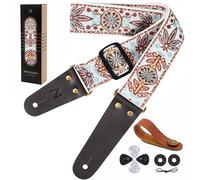 Nefelibata Guitar Strap - Vintage Embroidered Cotton Guitar Straps with Genuine Leather Ends for Bass, Electric & Acoustic Guitar, Best Gifts for Kids, Men & Women Guitarists (White Vintage Woven)