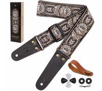 Nefelibata Guitar Strap, Vintage Embroidered Cotton Guitar Straps with Genuine Leather Ends for Bass, Electric & Acoustic Guitars, Come with Free Strap Button, 1 Pair Strap Locks and 4 Guitar Picks