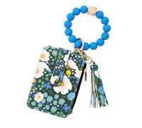 Nefokfdus Women's Boho Beaded Wallet,Flower Credit Card Holder Purse,Boho Style Beaded Tassel Keychain Wristlet Wallets, Blue, Small