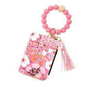 Nefokfdus Women's Boho Beaded Wallet,Flower Credit Card Holder Purse,Boho Style Beaded Tassel Keychain Wristlet Wallets, Deep Pink, Small