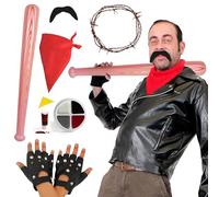 Negan-Inspired Costume Set - Leather Look Jacket, Red Bandana, Inflatable Bat & Moustache for Adults Fancy Dress & Cosplay - Large