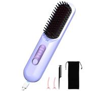 Negative Ion Hair Straightener Brush, 5000mAh Portable Heated Straightening Comb for Travel, Cordless Mini USB Rechargeable Hair Straightener for Women, Beard Straightener for Men (Purple)
