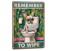 NEGLAI Funny Bathroom Decor French Bulldog Sign - Remember To Wipe, Hippy Toilet Tin Poster Cottagecore Bathroom Wall Art for Bull Dog Lovers 8X12 Inches