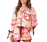 Neglance Bow Print Pajama Sets for Women Cute Cartoon Short Sleeve PJ Sets 2 PCS Button down Soft Loungewear Sleepwear, Pink1, S