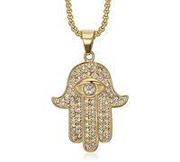 NEGS 18K Gold Black Plated Blue Evil Eye Beads Fatima Hamsa Hand Egyptian Pendant Stainless Steel Necklace for Men Women, 24 Inch Chain Religious Amulet Jewelry Gift, Stainless Steel, Cubic Zirconia