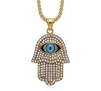 NEGS 18K Gold Black Plated Blue Evil Eye Beads Fatima Hamsa Hand Egyptian Pendant Stainless Steel Necklace for Men Women, 24 Inch Chain Religious Amulet Jewelry Gift, Stainless Steel, Cubic Zirconia