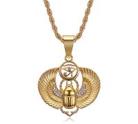 NEGS 18K Gold Plated Eye of Horus and Scarab Egyptian Ankh Cross Pendant Stainless Steel Necklace for Men Women, 24 Inch Rope Chain Religious Amulet Jewelry Gift, Stainless Steel, Cubic Zirconia