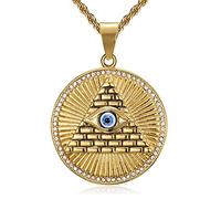 NEGS 18K Gold Plated Eye of Horus On Pyramid Egyptian Pendant Stainless Steel Necklace, 24 Inch Chain Eye of Providence/All-Seeing-Eye/Blue Evil Eye Jewelry for Men Women
