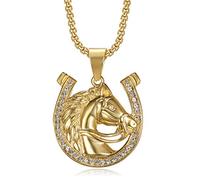 NEGS 18K Gold Plated Lucky Horse Pendant Punk Rock Stainless Steel Necklace, 2pcs 20 24 Inch Layered Chains Hip Hop Horseshoe Party Jewelry Animal Gift for Men Women, Stainless Steel, Cubic Zirconia