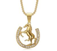 NEGS 18K Gold Plated Lucky Horse Pendant Punk Rock Stainless Steel Necklace, 2pcs 20 24 Inch Layered Chains Hip Hop Horseshoe Party Jewelry Animal Gift for Men Women, Stainless Steel, Cubic Zirconia