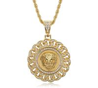 NEGS 18K Gold Plated Roaring Lion Head With Green Red Eyes Pendant Punk Rock Stainless Steel Necklace, 24 Inch Chain For Men Hip Hop Animal Jewelry-I'm the King, L, Stainless Steel, Cubic Zirconia