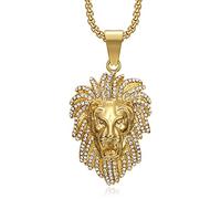 NEGS 18K Gold plated Roaring Lion King Head with Crown Pendant Punk Rock Stainless Steel Necklace, 24 Inch Chain For Men Women Hip Hop Viking Animal Jewelry, L, Stainless Steel, Cubic Zirconia