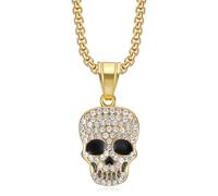 NEGS 18K Gold Plated Skull Death Pendant Biker Stainless Steel Necklace, 24 Inch Chain Hip Hop Skeleton Halloween Jewelry for Men Women