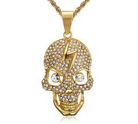 NEGS 18K Gold Plated Skull Lightning Death Pendant Biker Stainless Steel Necklace, 24 Inch Chain Hip Hop Skeleton Jewelry for Men Women