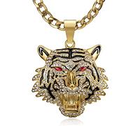 NEGS Roaring Tiger Head With Red Eyes Pendant Punk Rock Stainless Steel Necklace for Men Women, 24 Inch 7mm Cuban Link Chain Hip Hop Animal Jewelry, Large, Stainless Steel, Cubic Zirconia