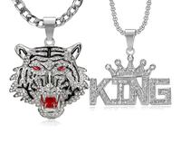 NEGS Tiger King With Green Red Eyes Red Tongue Pendants Stainless Steel Layered Necklace, 2pcs 24'' 20'' 7mm 3mm Chain Punk Rock Couples Jewelry Gift for Men and Women, Stainless Steel, Cubic Zirconia