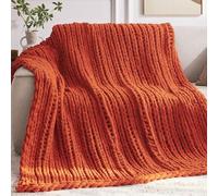 Negwoo Chunky Knit Throw Blanket, 40''*50'' Fall Throw Blanket Knitted Chenille Yarn for Bed Couch, Handmade Orange Crochet Big Thick Blanket, Machine Washable Cute Comfy Blankets for Home Decor