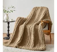 Negwoo Chunky Knit Throw Blanket, 50''*60'' Knitted Throw Chenille Yarn for Bed Couch, Handmade Light Brown Crochet Big Thick Blanket, Machine Washable Cute Comfy Blanket for Home Decor