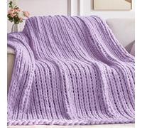 Negwoo Chunky Knit Throw Blanket, 50''*60'' Knitted Throw Chenille Yarn for Bed Couch, Handmade Light Purple Crochet Big Thick Blanket, Machine Washable Cute Comfy Blanket for Home Decor